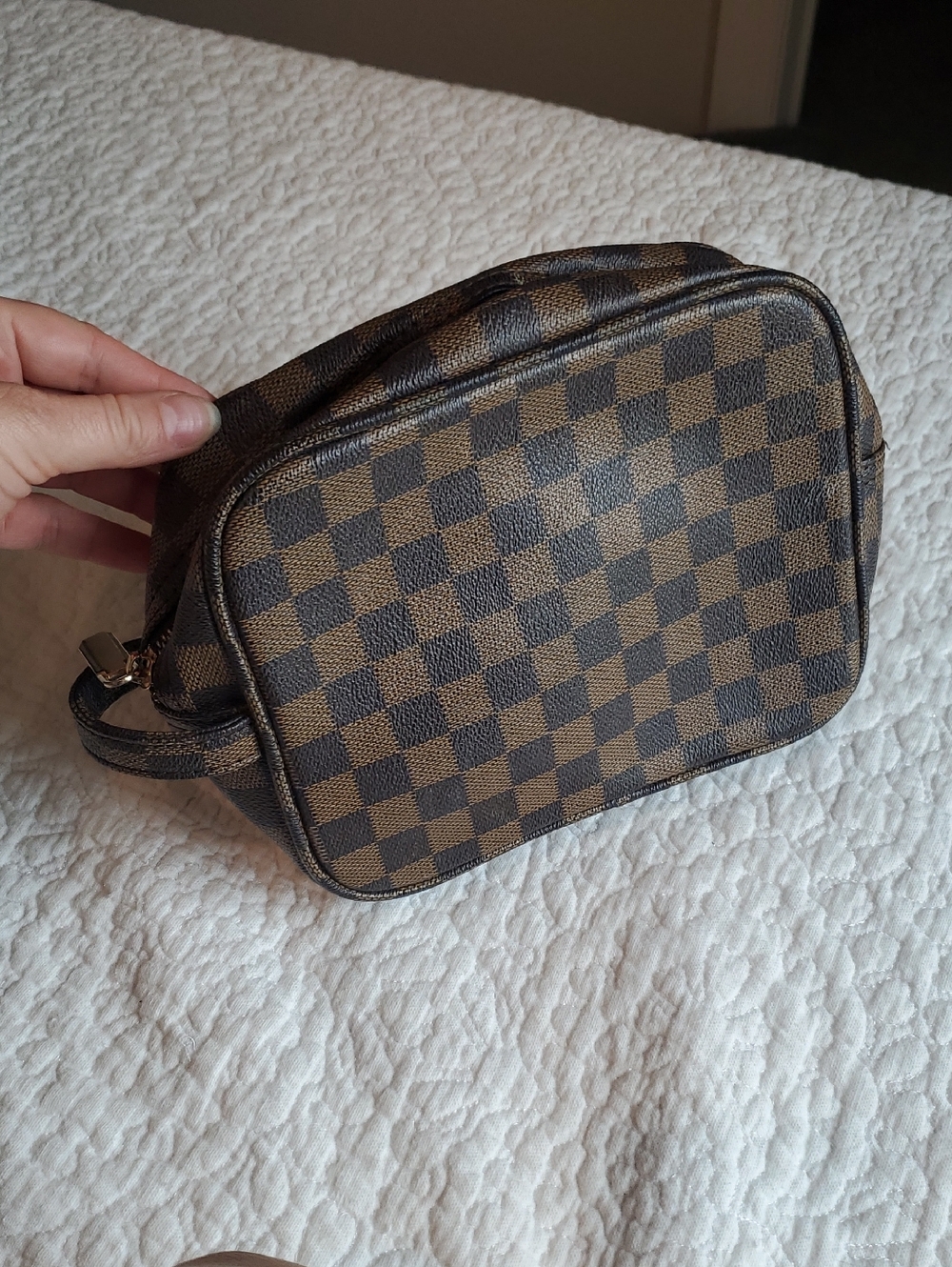 Checker Pattern Travel Toiletry Bag - Brown